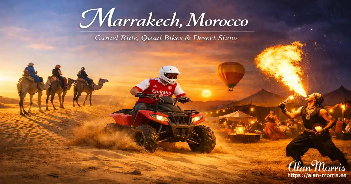 Camels, quad bike rider, and fire performer in the Marrakech desert at sunset.