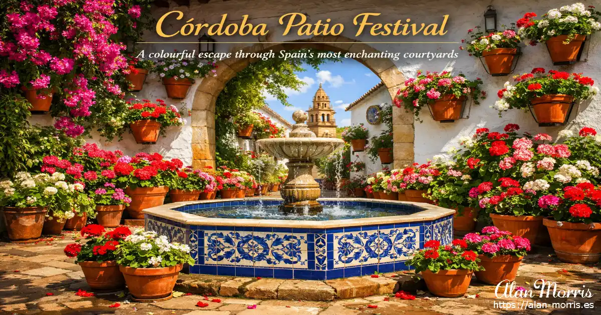 Cordoba Patio decorated with flowers around a central fountain.