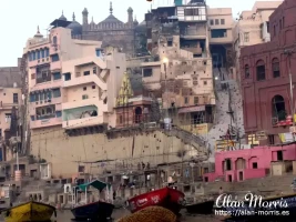 Ghats and buildings in Varanasi, taken from the River Ganges.